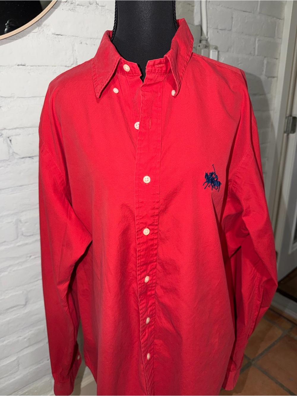 Ralph Lauren Bright Red Long-Sleeve Button-Down Shirt with Navy Polo Logo